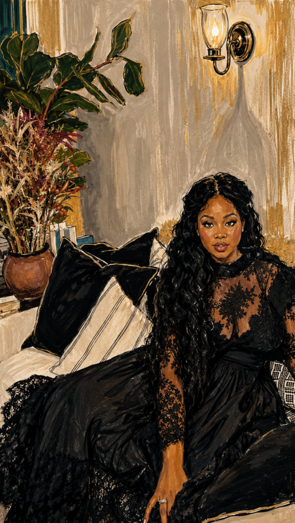 Illustrated portrait of woman in black lace gown on couch for B.B Magazine Ethereal Woman Fall Winter 2026 story