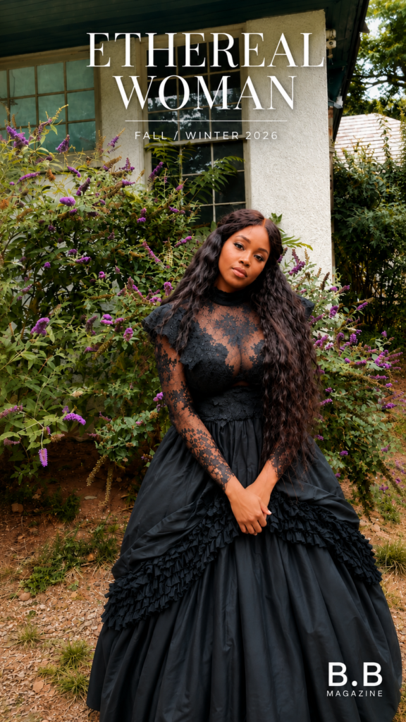 Woman in black lace gown standing in a garden for B.B Magazine's Ethereal Woman Fall Winter 2026 cover